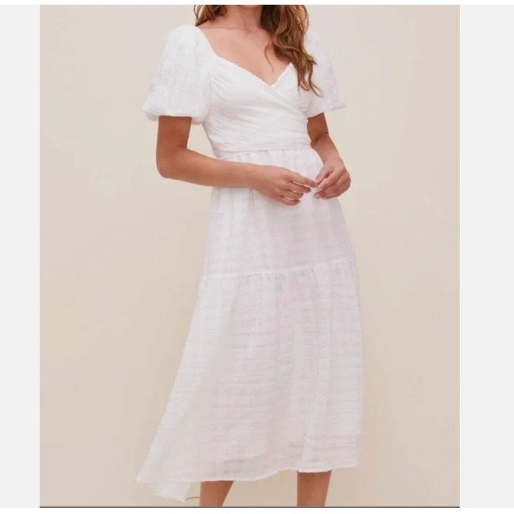 ASTR The Label NEW White Sonnet Puff Sleeve Crossover Midi Dress Women's M
